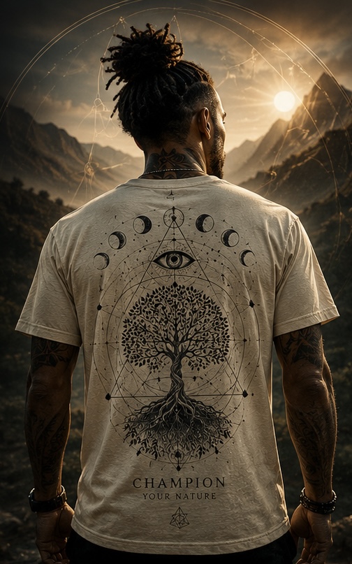 Concept shirt with a tree and celestial geometry design