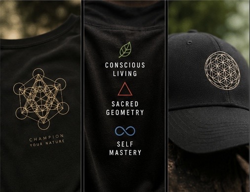 Concept details for a black shirt and cap with sacred geometry motifs